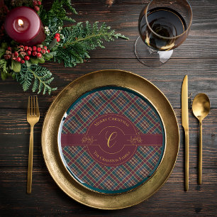 Elegante Gold Monogram Karierter Weihnachtsfeierta Pappteller