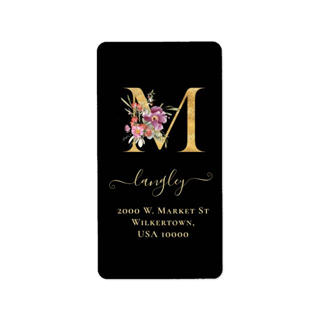 Elegante Gold Monogram M Floral Address Label Adressaufkleber (Vorne)