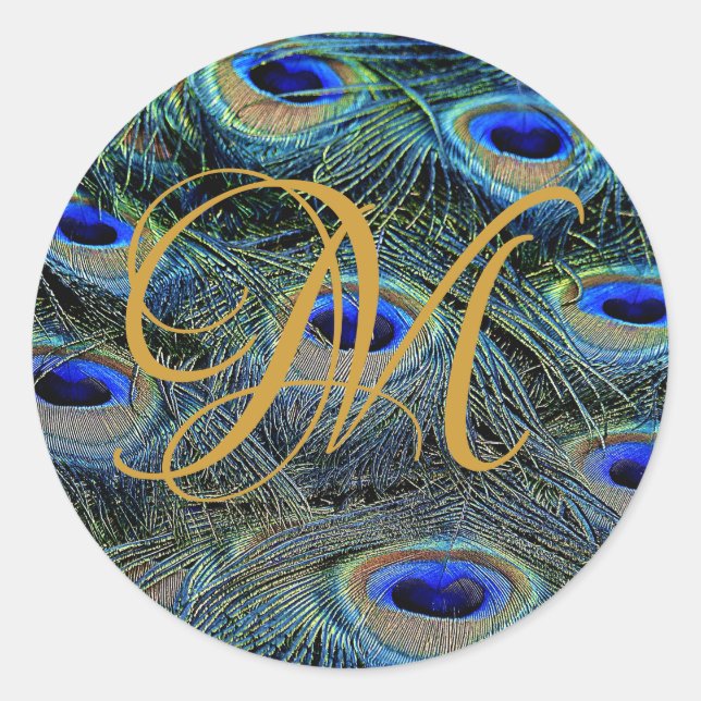 Elegante Gold Monogram on Peacock Feathers Runder Aufkleber (Vorderseite)