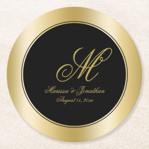 Elegante Gold Monogram Script Black Wedding Runder Pappuntersetzer