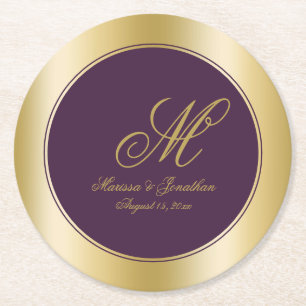 Elegante Gold Monogram Script Plum Lila Wedding Runder Pappuntersetzer