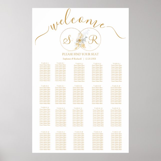 Elegante Gold Monogram Seating Chart Poster (Vorne)