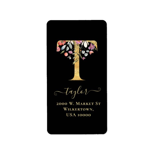 Elegante Gold Monogram T Floral Address Label Adressaufkleber (Vorne)