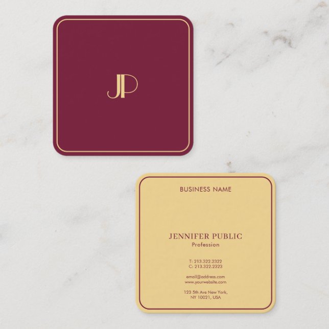 Elegante Gold Monogram Template Luxury Bordeaux Quadratische Visitenkarte (Vorne/Hinten)