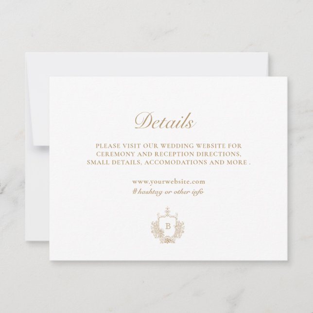 Elegante Gold Monogram Wappen Wedding Details Card Einladung (Vorderseite)