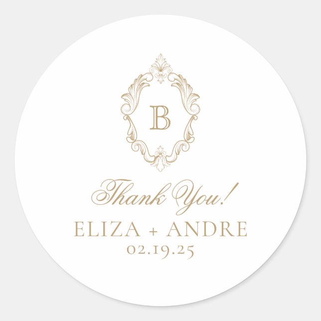 Elegante Gold Monogram Wappen Wedding Runder Aufkleber (Vorderseite)