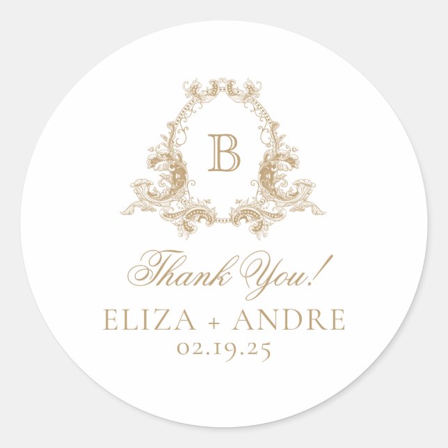 Elegante Gold Monogram Wappen Wedding Runder Aufkleber (Vorderseite)