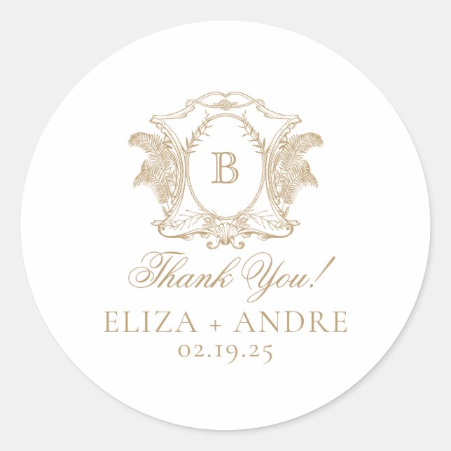 Elegante Gold Monogram Wappen Wedding Runder Aufkleber (Vorderseite)
