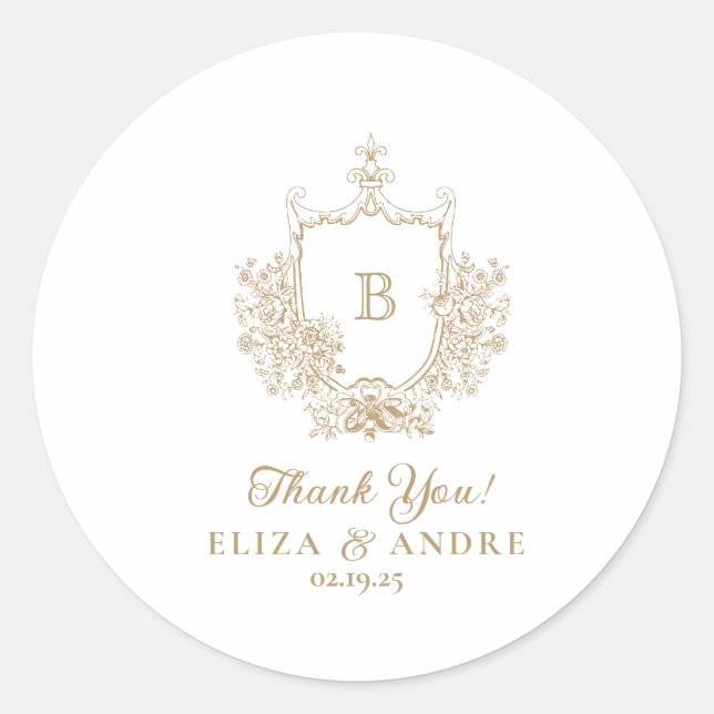 Elegante Gold Monogram Wappen Wedding Sticker (Vorderseite)