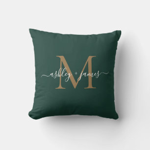 Elegante Gold Monogramm Schrift Namen Hochzeit Grü Kissen