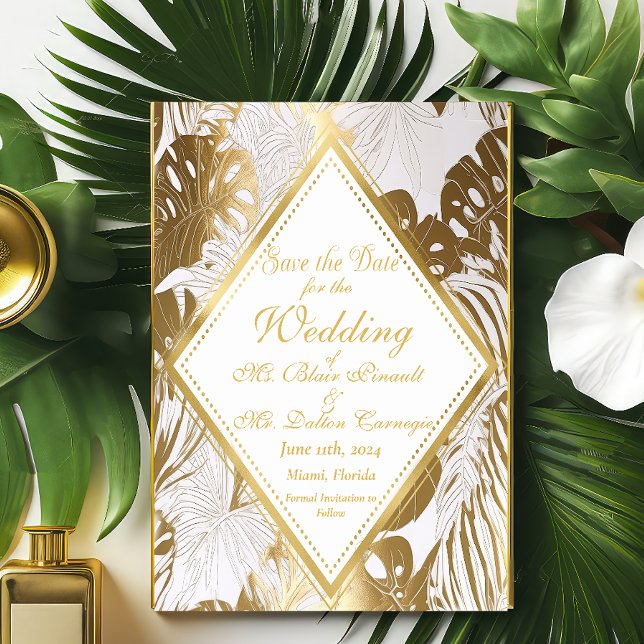 Elegante Gold Monstera Hochzeit Sichern Sie die Da RSVP Karte (Stunning Save The Date Enclosure Card)