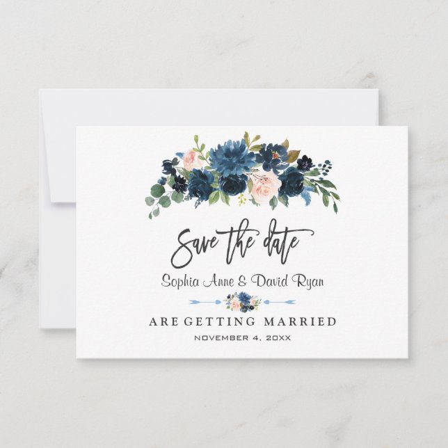 Elegante Gold Navy Blue Blush Blume Handwriting Save The Date (Vorderseite)