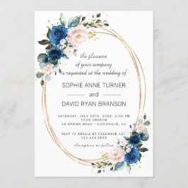 Elegante Gold Navy Blue Pink Blume Blütenhochzeit Einladung