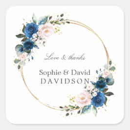 Elegante Gold Navy Blue Pink Blume Blütenhochzeit Quadratischer Aufkleber