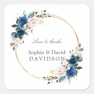 Elegante Gold Navy Blue Pink Blume Blütenhochzeit Quadratischer Aufkleber