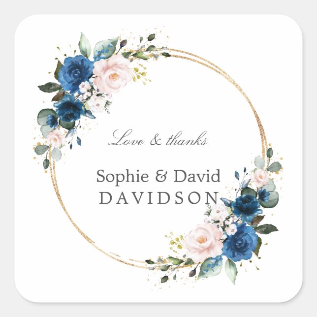 Elegante Gold Navy Blue Pink Blume Blütenhochzeit Quadratischer Aufkleber (Vorderseite)