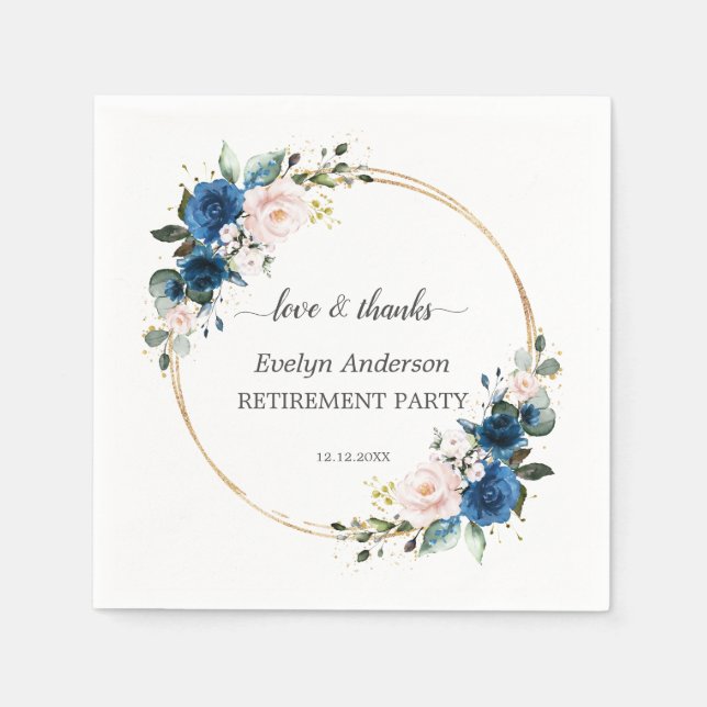 Elegante Gold Navy Blue Pink Blume Rente Serviette (Vorderseite)
