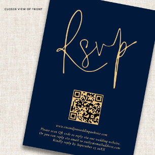 Elegante Gold Navy Script Qr Code Wedding RSVP Car