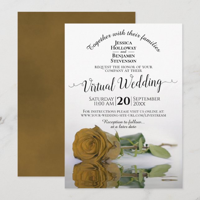 Elegante Gold Ochre Romantische Rose Virtual Weddi Einladung (Vorne/Hinten)