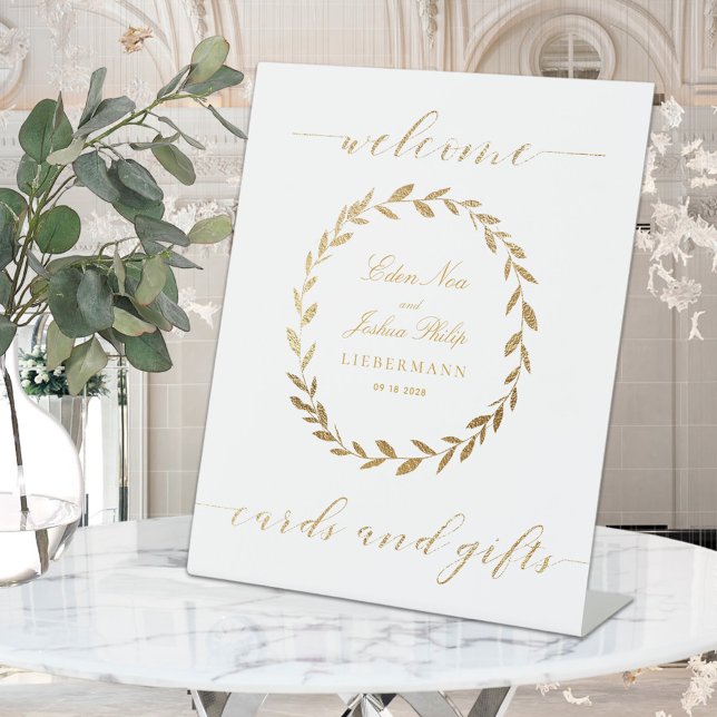 Elegante Gold Olive Branch Wreath Card & Geschenke Sockelschild (Von Creator hochgeladen)