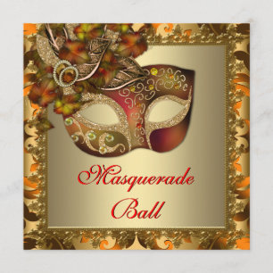 Elegante Gold Orange Rote Maskerade-Party Einladung