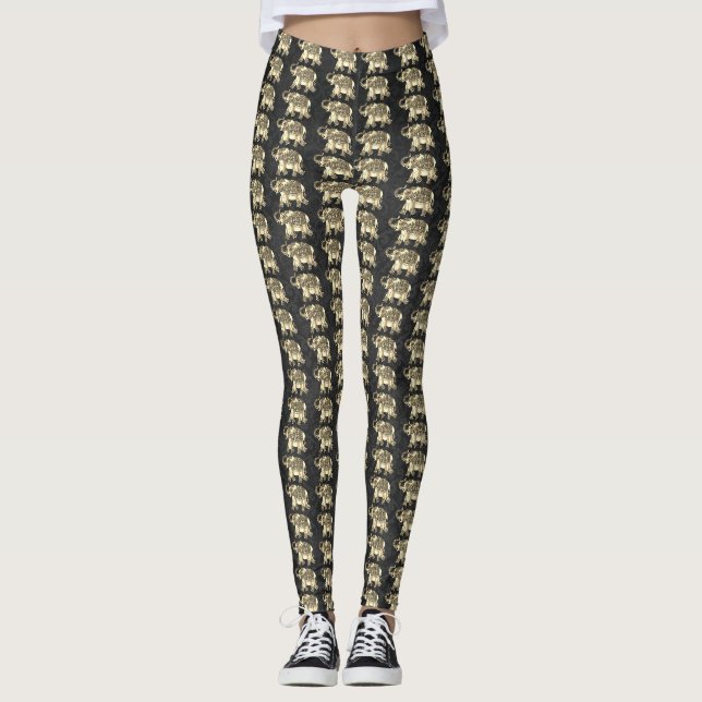 Elegante Gold Paisley Floral Elefanten, Black Dama Leggings (Vorderseite)