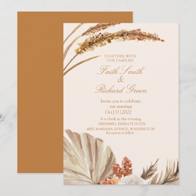 Elegante Gold Pampas Grass Wedding Einladungen (Vorne/Hinten)