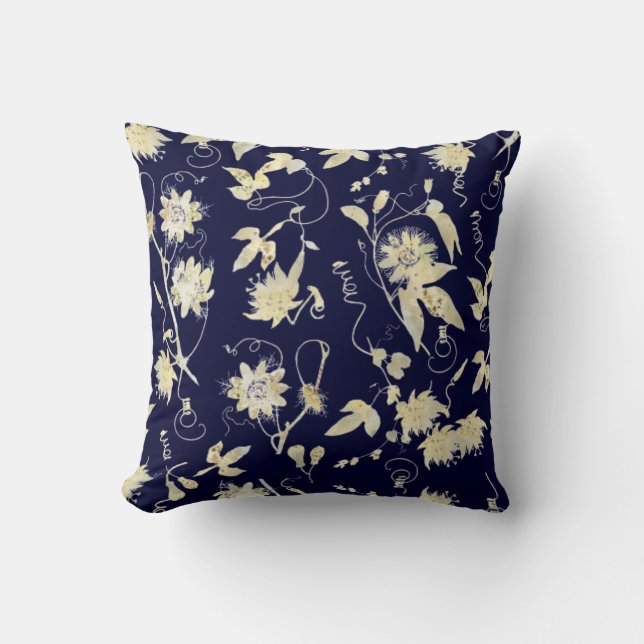 Elegante Gold Passion-Blume über blaues Muster Kissen (Vorderseite)