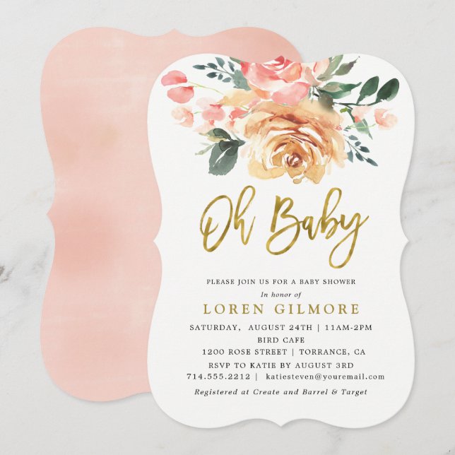 Elegante Gold Peach Floral Baby Dusche Einladung (Vorne/Hinten)