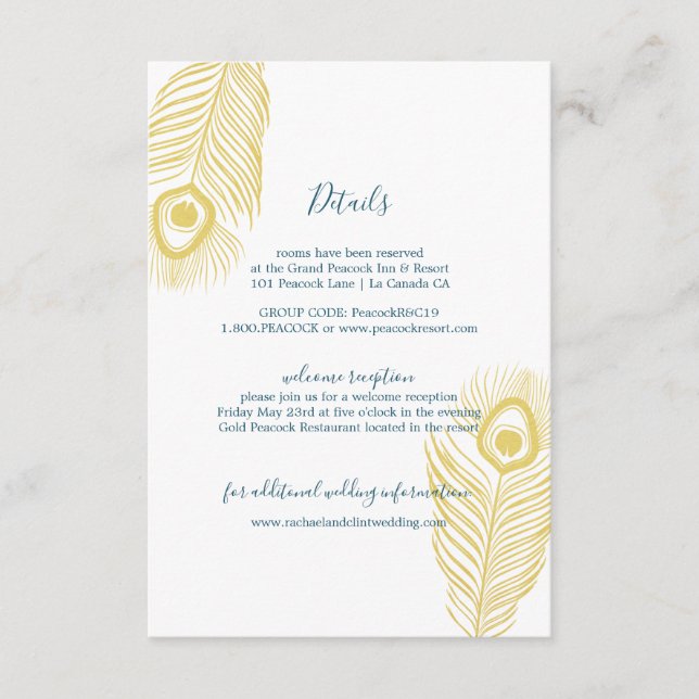 Elegante Gold Peacock Wedding Guest Information Begleitkarte (Vorderseite)