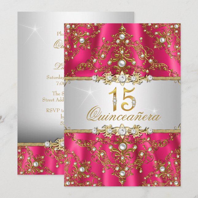 Elegante Gold Pearl Damask Quinceanera Einladung (Vorne/Hinten)