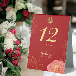 Elegante Gold Peony Chinese Wedding Table Zelt Sig Tischaufsteller