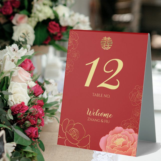 Elegante Gold Peony Chinese Wedding Table Zelt Sig Tischaufsteller (Von Creator hochgeladen)