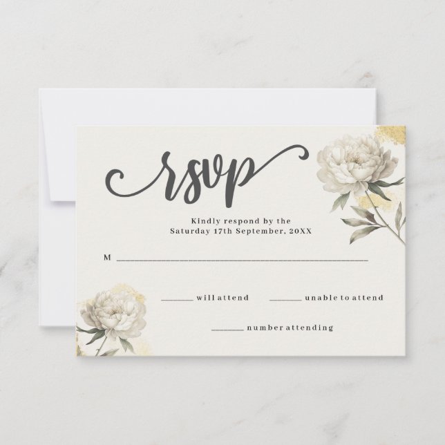 Elegante Gold Peony Floral Wedding RSVP Card (Vorderseite)