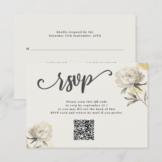 Elegante Gold Peony QR Code Wedding RSVP Card Karte (Vorne/Hinten)