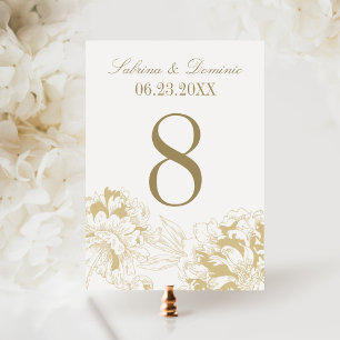 Elegante Gold-Pfingstrosen-Blumen-Tischnummernkart Einladung