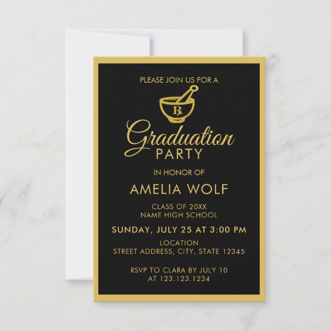 Elegante Gold Pharmacist Graduation Party Einladung (Vorderseite)