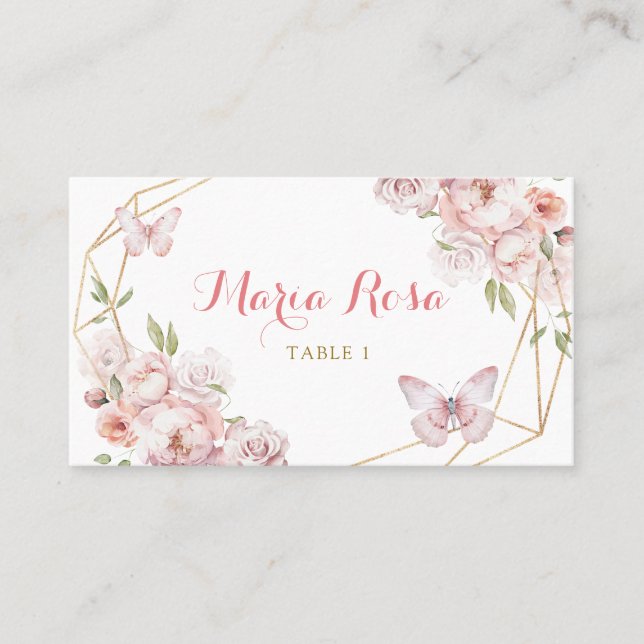 Elegante Gold Pink Floral Girl Quinceñera Platzkarte (Vorderseite)