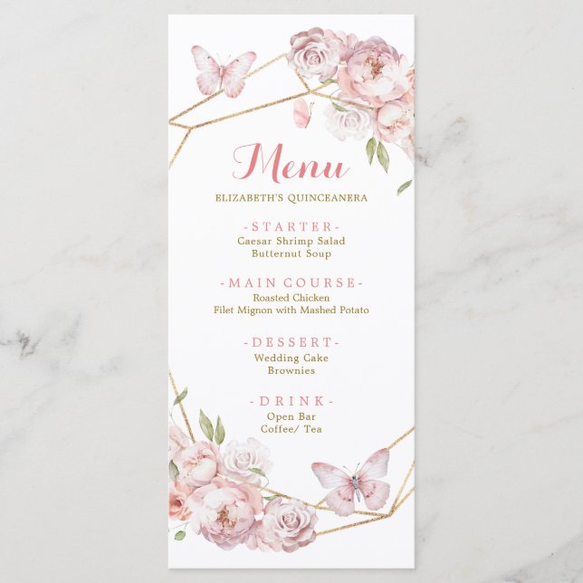 Elegante Gold Pink Geometric Floral Quinceñera Menükarte (Vorderseite)