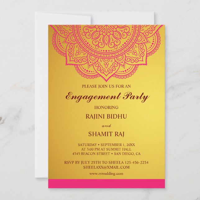 Elegante Gold Pink Paisley Indische Engagement Par Einladung (Vorderseite)