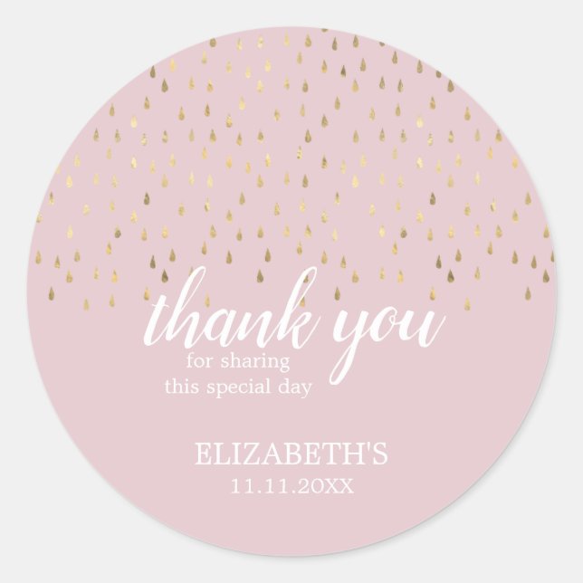 Elegante Gold & Pink Raindrops Baby Dusche Runder Aufkleber (Vorderseite)