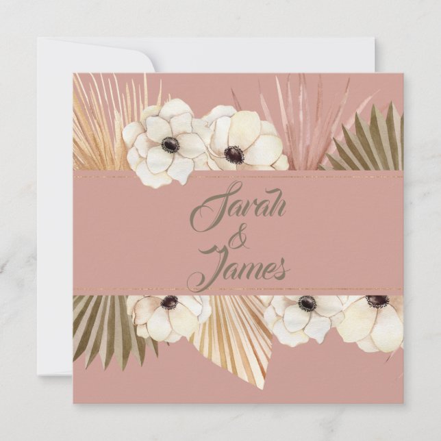 Elegante Gold Pink Watercolor Boho Blumenhochzeit Einladung (Vorderseite)