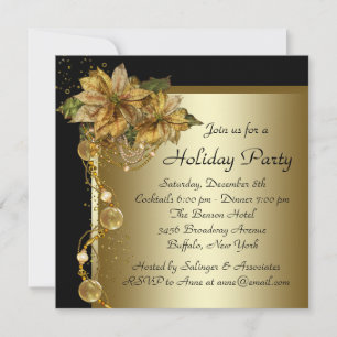 Elegante Gold Poinsettie Schwarz Gold Weihnachtsfe Einladung