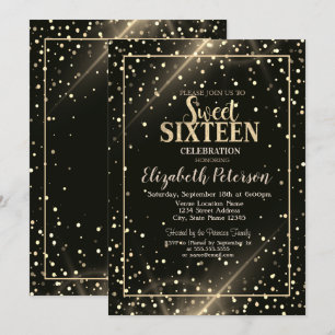 Elegante Gold Polka Dots, Schwarzer Sweet 16 Einladung