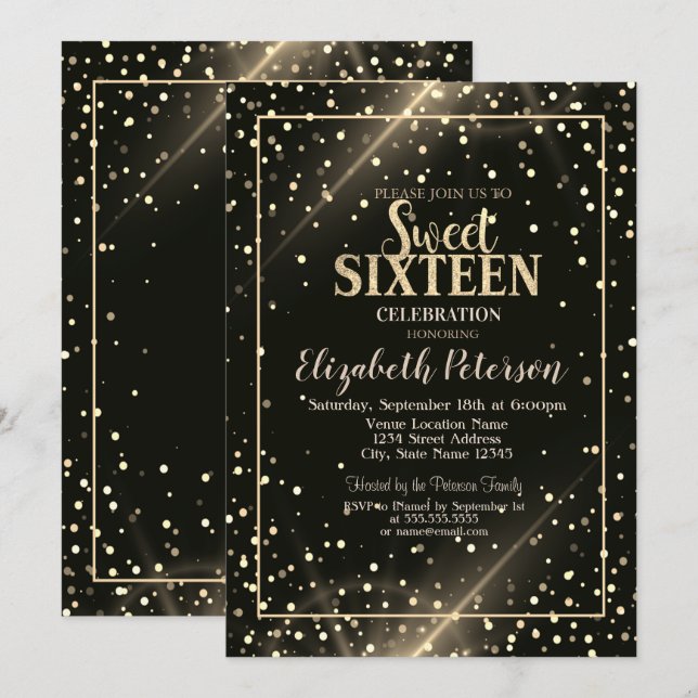 Elegante Gold Polka Dots, Schwarzer Sweet 16 Einladung (Vorne/Hinten)