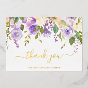 Elegante Gold-Purple-Blumen-Danksagungskarte für B Folieneinladung