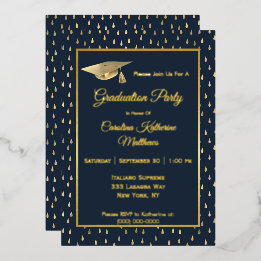 Elegante Gold Raindrops Navy Blue Graduation Party Folieneinladung