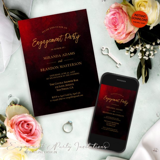 Elegante Gold Red and Black Engagement Party Einladung (Von Creator hochgeladen)