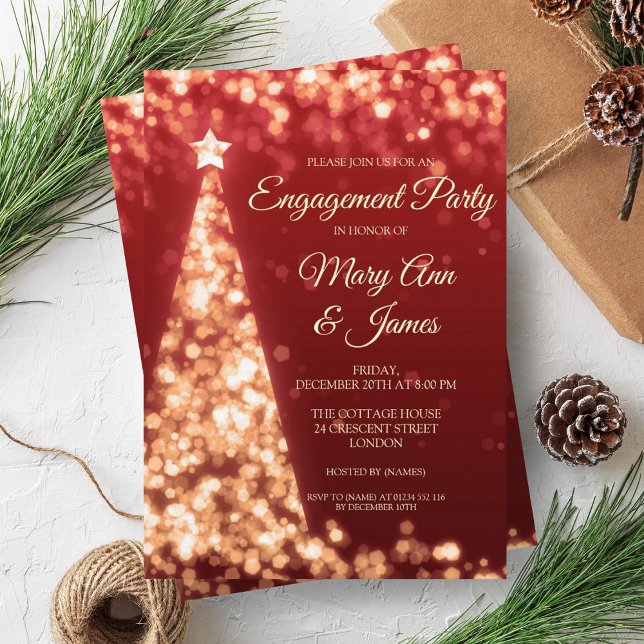Elegante Gold & Red Christmas Engagement Party Einladung (Elegant Gold & Red Christmas Engagement Party Invitation)