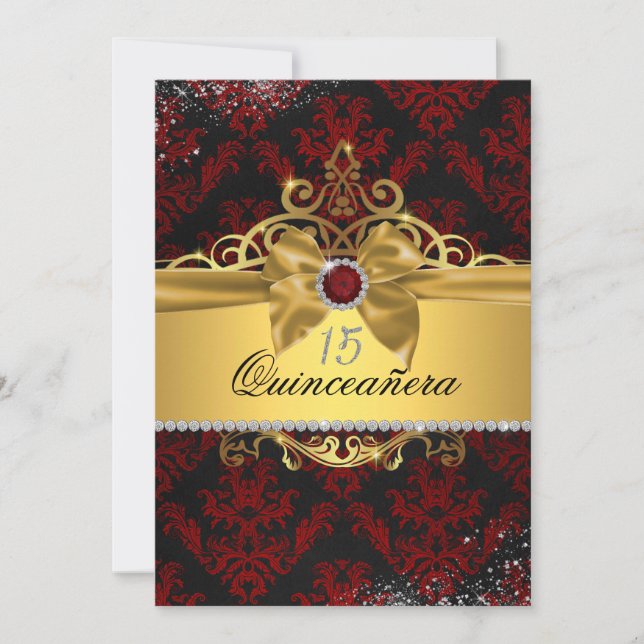 Elegante Gold Red Damask Quinceanera Einladung (Vorderseite)